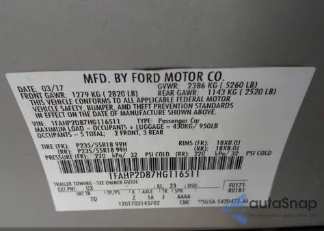 2017 Ford Taurus Se из США, поврежденный, VIN 1FAHP2D87HG116511